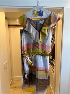 Jessica Simpson Striped Ruffle V-Neck Midi Dress - Yellow, Pink, Brown
